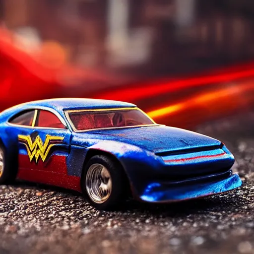 Prompt: 3 5 mm photo of metallic red and blue wonder woman car like hot wheels model with a greek ancient city as background, epic cinematic, epic lighting