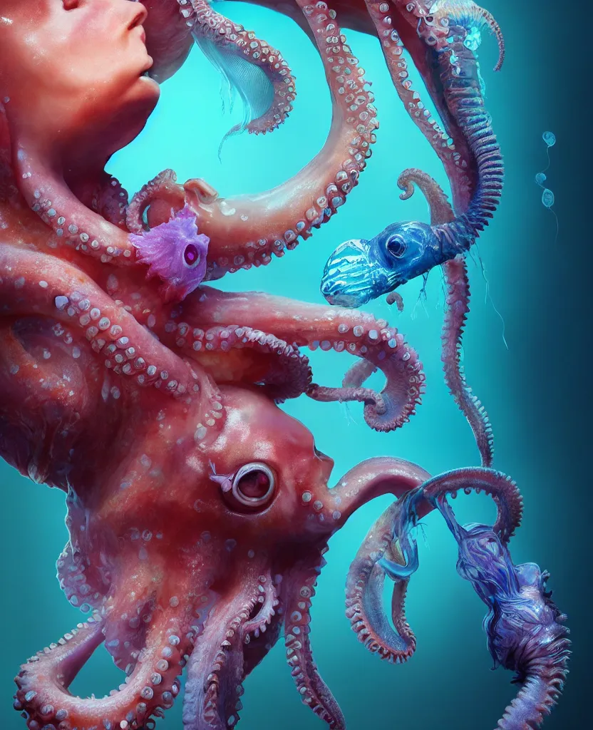 Image similar to goddess close-up portrait human high on ecstacy, ram skull, octopus, jellyfish, orchid, betta fish, bioluminiscent, intricate artwork by Tooth Wu and wlop and beeple. octane render, trending on artstation, greg rutkowski very coherent symmetrical artwork. cinematic, hyper realism, high detail, octane render, 8k