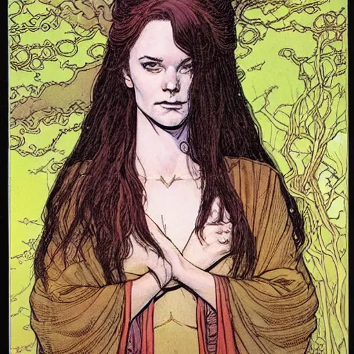 Image similar to a beautiful portrait of sanna!!!!! marin!!!!!, the young female prime minister of finland as a druidic wizard by rebecca guay, michael kaluta, charles vess and jean moebius giraud