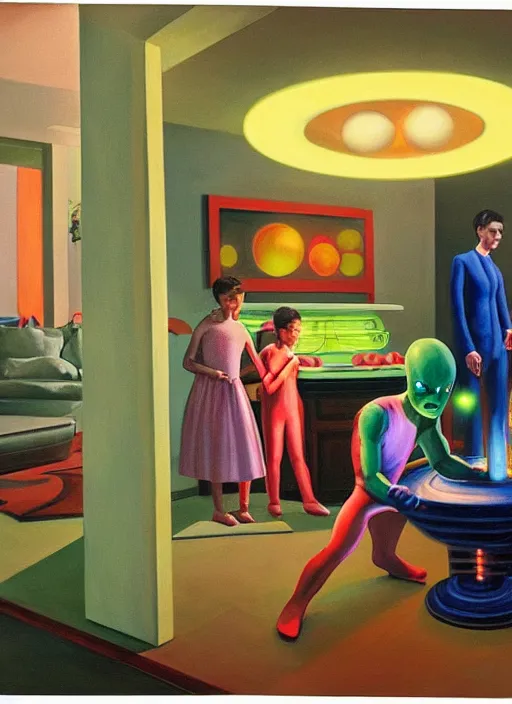 Prompt: painting of a costumed family being shown how to open portals by a large glowing alien in their suburban living room maze, designed by gucci, energetic glowing orbs in the air, in the style of edward hopper and james jean
