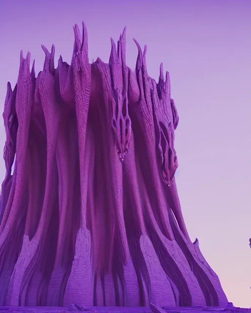 Image similar to detailed painting giant alien tower carved out of complex bone with royal purple quartz rendered in cinema 4 d octane