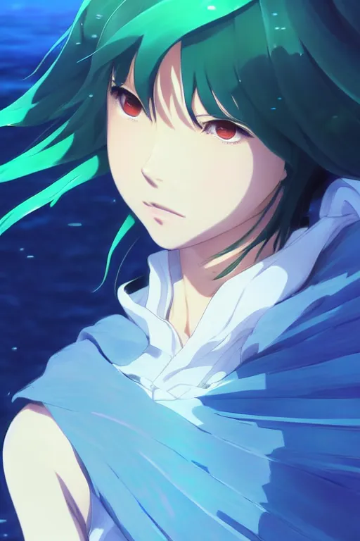 Image similar to makoto shinkai, artgerm, ilya kuvshinov, beautiful anime women with green dress, long blue hair, water powers water swirling, symmetrical face, symmetrical eyes, detailed, beach setting, cinematic lighting