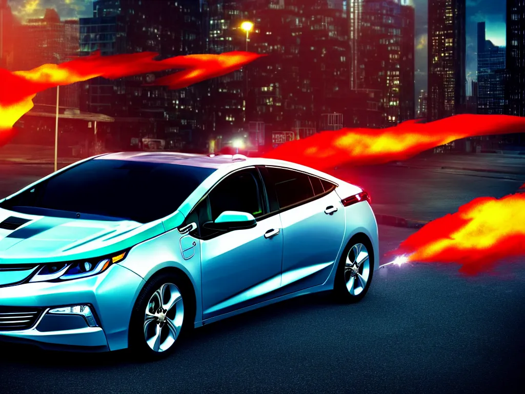 Image similar to chevy volt close up with a city street background, smoke, fi, chrome, shiny, reflective, metallic, 3 d, render, realistic, hdr, stan winston studios, dramatic lighting, flame colors bright