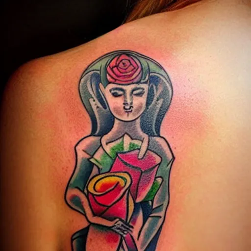 Image similar to stylised tattoo of a female figure holding a rose