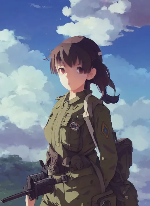 Prompt: portrait of cute soldier girl, cloudy sky background lush landscape illustration concept art anime key visual trending pixiv fanbox by wlop and greg rutkowski and makoto shinkai and studio ghibli and kyoto animation soldier clothing military gear