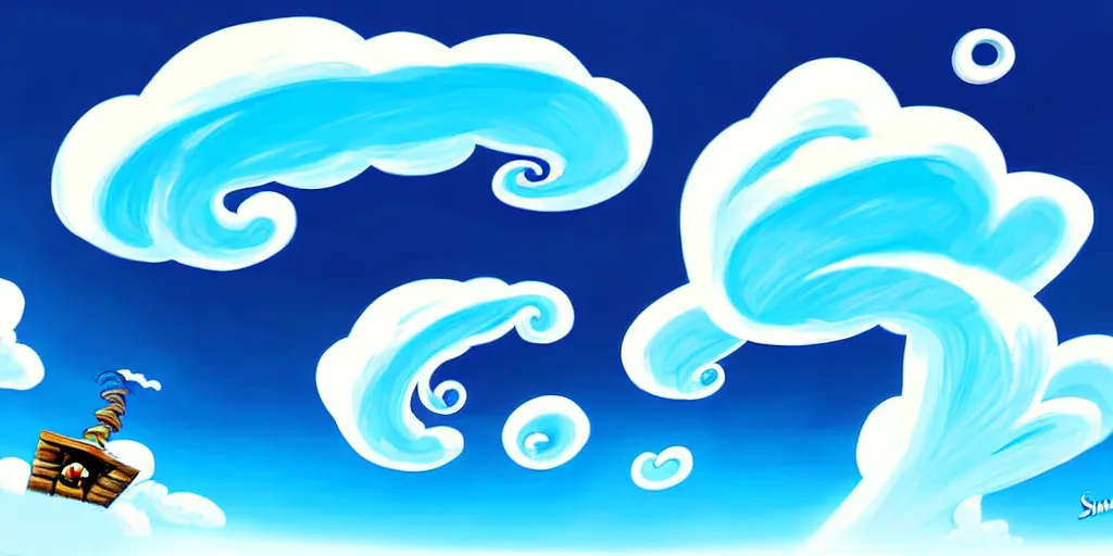 Prompt: cartoon concept art, clean blue sky, spiral cirrus clouds, from sam and max