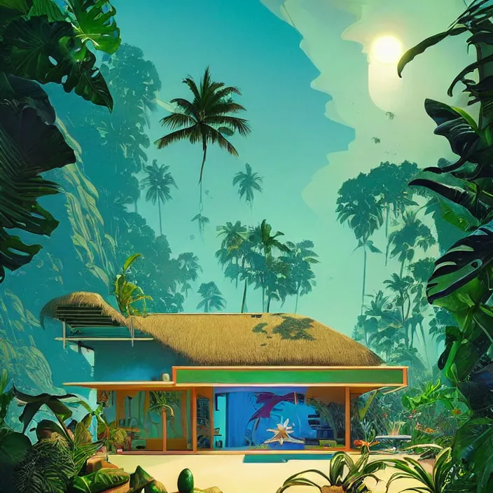 Image similar to a luminescent tropical cottage by paolo eleuteri serpieri and tomer hanuka and chesley bonestell and daniel merriam and tomokazu matsuyama, unreal engine, high resolution render, featured on artstation, octane, 8 k, highly intricate details, vivid colors, vector illustration