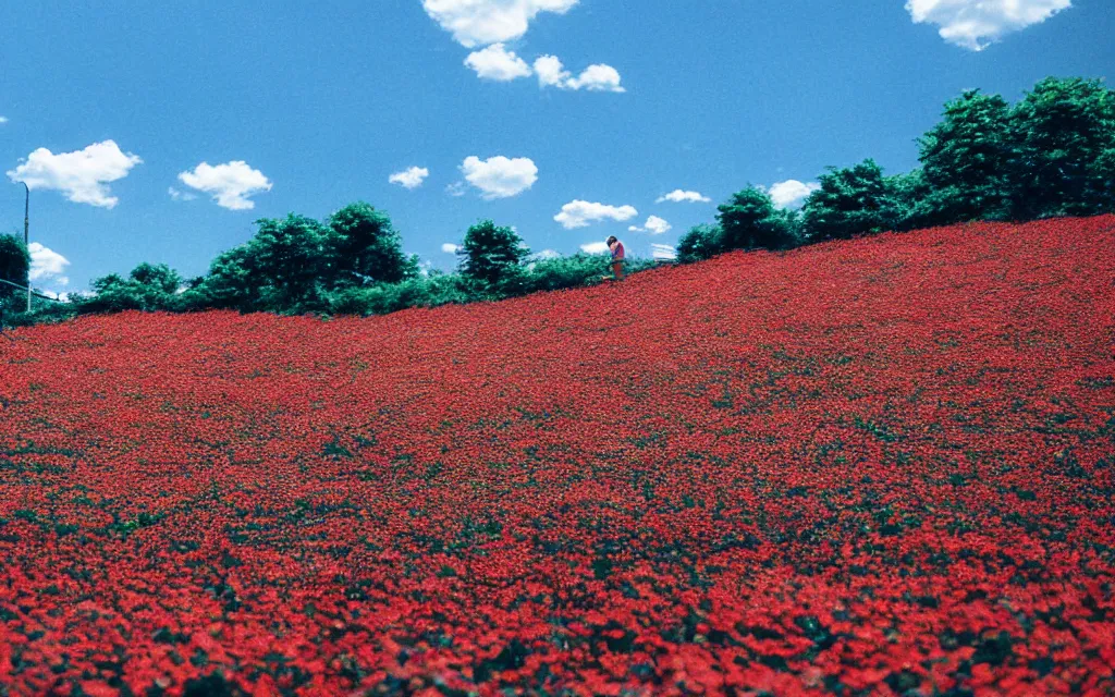 Prompt: a manchester united fan day dreaming on a field of flower, beautiful bright blue sky. 35mm film. makoto shinkai.