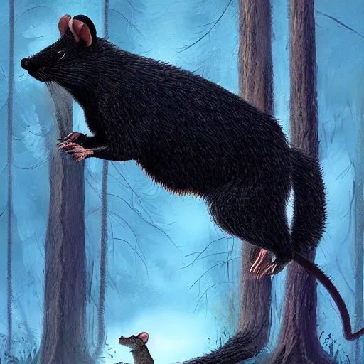 Image similar to giant rat in the woods of Maine, behind a cabin, felix Kelly, digital art, artstation, Michael Whelan, cinematic, mysterious