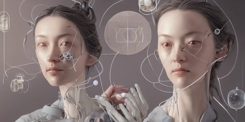 Image similar to hyperrealistic photography of a gorgeous female scientist constructing an empathy machine in the style of jin kagetsu, james jean, chris cunninham, hans bellmer and wlop, highly detailed, face symmetry, masterpiece, award - winning, sharp focus, intricate concept art, ambient lighting, 8 k, artstation