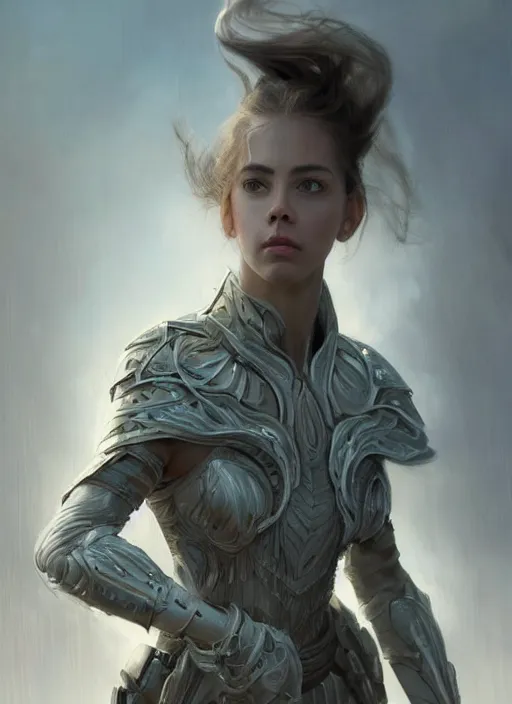 Image similar to a professional portrait of a beautiful young female, clothed in ethereal battle armor, olive skin, long dark hair, beautiful bone structure, symmetrical facial features, intricate, elegant, digital painting, concept art, smooth, sharp focus, finely detailed, illustration, from Valerian and the City of a Thousand Planets, in the style of Ruan Jia and Mandy Jurgens and Artgerm and Greg Rutkowski and William-Adolphe Bouguerea