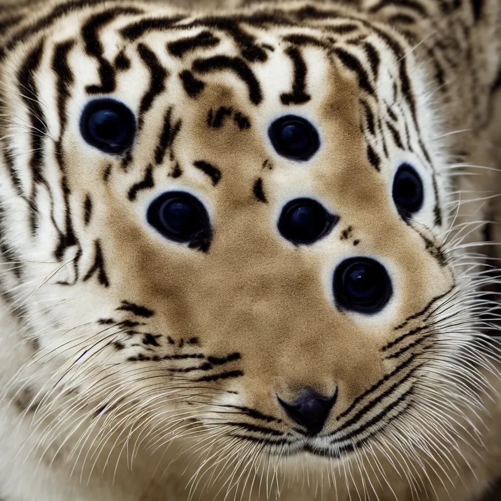 Image similar to baby harp seal tiger chimera, close up photo, national geographic photo