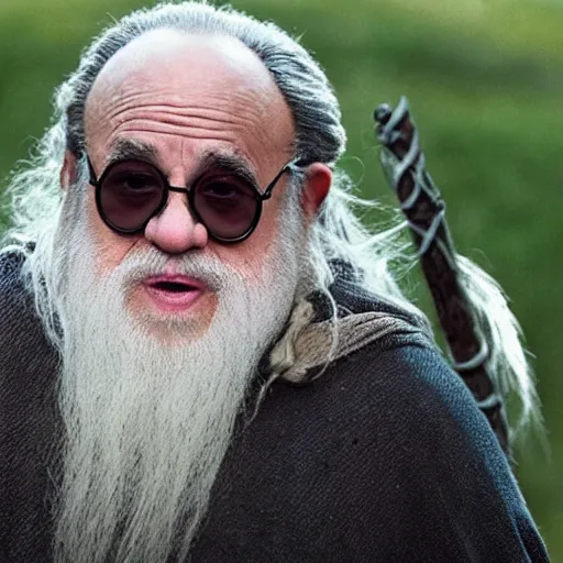 Image similar to danny devito starring as gandalf the white in the 2 0 2 4 lord of the rings movie, full body, hyper realistic, high quality, wide angle, always sunny in philadelphia