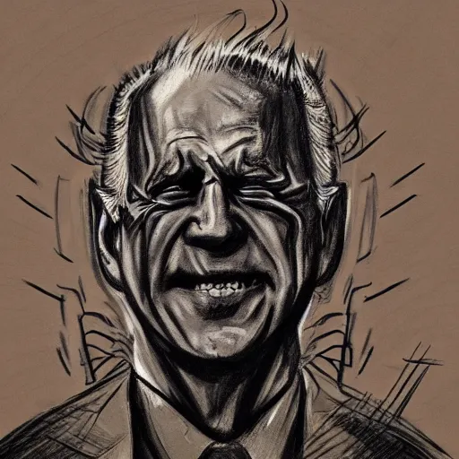 Prompt: grunge, aggressive sketch, messy lines, dark strokes, drawing of demonic joe biden as a caricature in the style of Jacob Shaw,creepy, surreal, trending on artstation