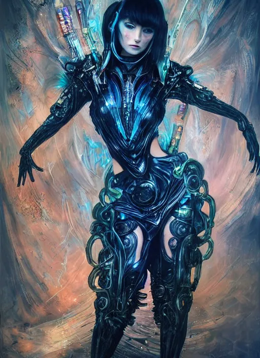 Prompt: a full body beautiful woman wearing a cyberpunk outfit by karol bak, ayami kojima, artgerm, sakimichan, hr giger, blue eyes, weapons, electronics, high tech, cyber wear, latex dress, bandage, concept art, fantasy, cyberpunk