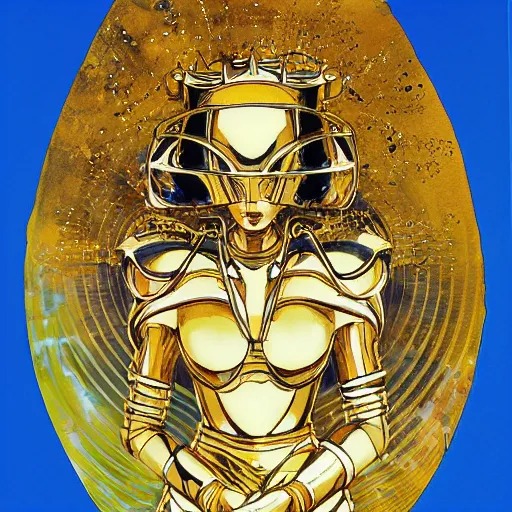 Image similar to a Royal portrait of gold android woman as illustrated by Yoshitaka Amano. 1991. Watercolor and Acrylic on Paper