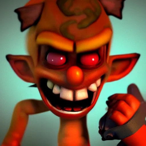 Prompt: crash bandicoot creepy hyperrealistic looking at the camera, artstation, dark, scary, showing teeth, bloodshot eyes, trending