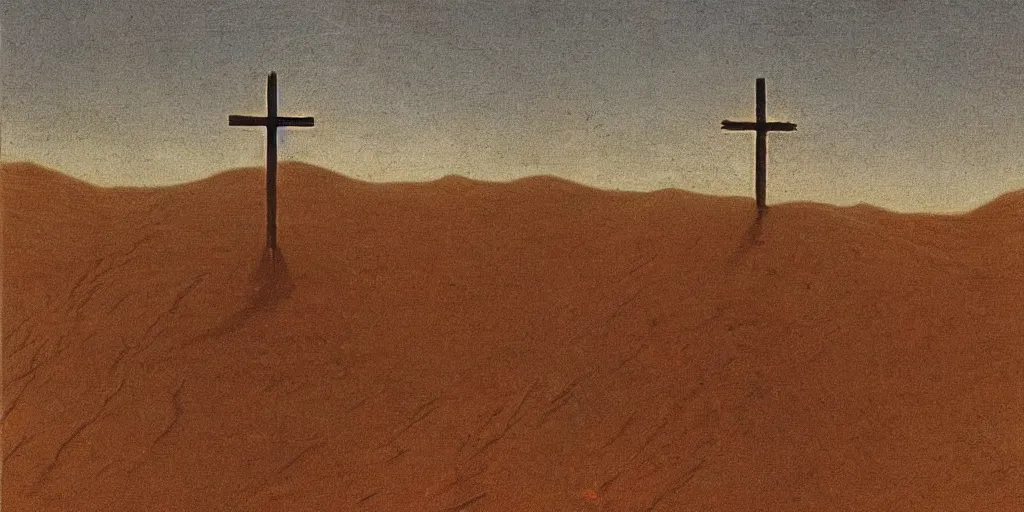 Prompt: A burning cross in the middle of the desert drawn by Caspar David Friedrich, dune, highly detailed