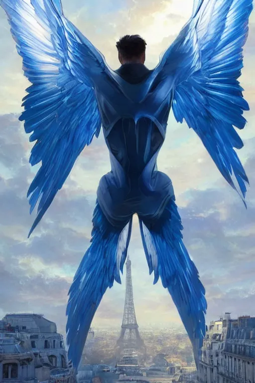 Image similar to a man from behind with a pair of blue energy wings!!! soaring through futuristic paris, 4 k, shimmering color, cinematic light, hyper detailed, art by greg rutkowski and magali villeneuve and artgerm