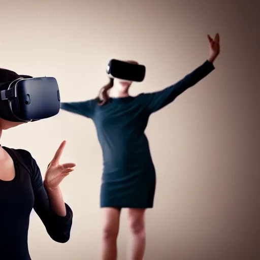 Prompt: female wearing virtual reality in a surreal environment