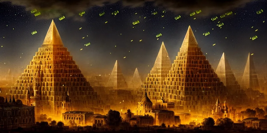 Image similar to magical city of the great tartarian empire adorned with amazing lost technology, lighting resembling fireflies, spires from rooftops collecting and distributing etheric energy, the centerpiece of the city is a colossal ancient pyramid made of metal, cityscape, combining intense detail & utmost quality, late 1 8 0 0 s photography christian hecker, artstation, - h 8 3 2