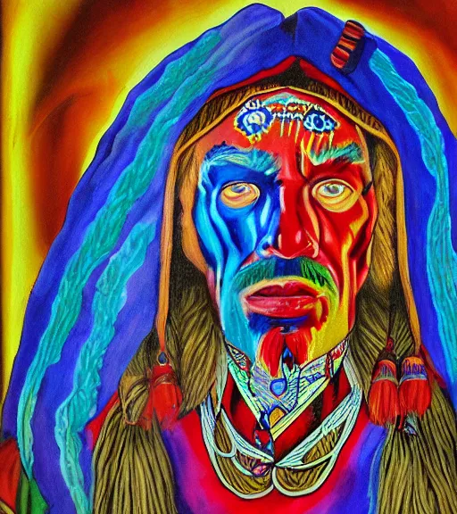 Image similar to Portrait painting in a style of Alex Grey of an old shaman dressed in a colorful traditional clothes.