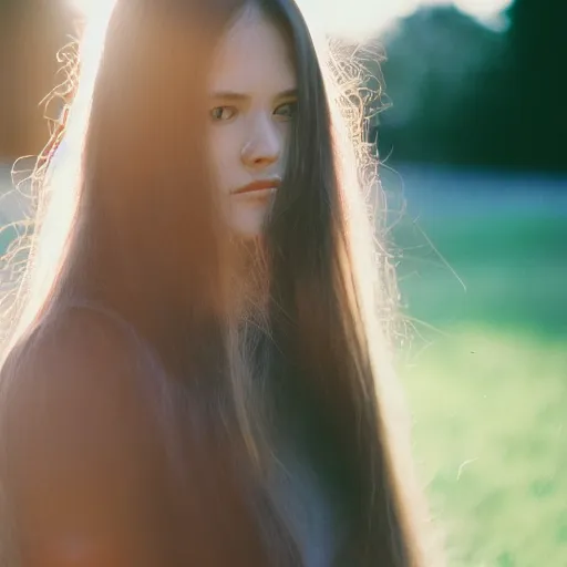 Image similar to a portrait photography of a woman with long hair. agfa vista 4 0 0 film. detailed. depth of field. cinematic. lens flare. grainy film. warm light.