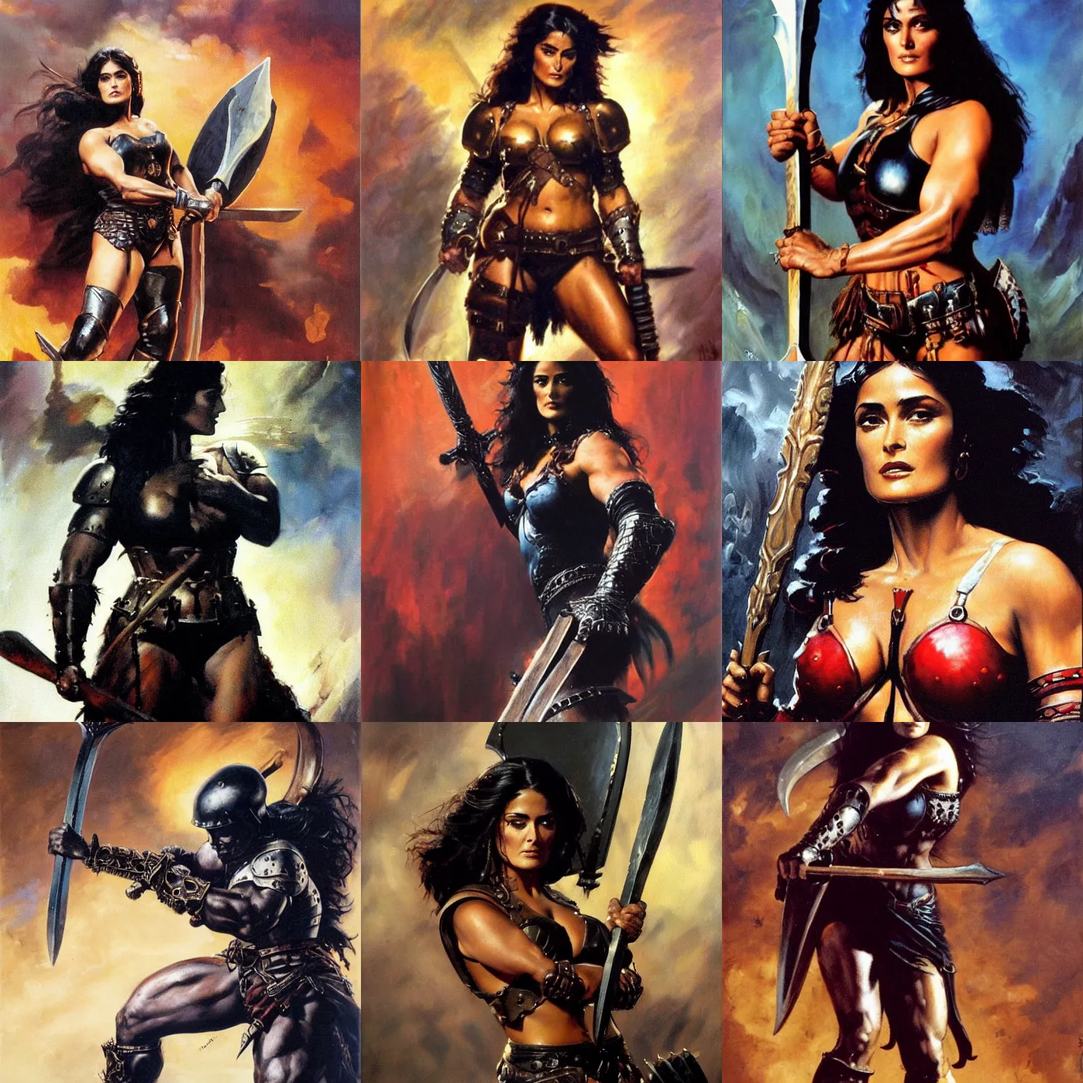 Prompt: a frank frazetta oil painting of a beautiful muscular salma hayek wearing black armor holding a large battle axe, dynamic shot, hd 4 k, intricate, highly detailed, atmospheric, sharp