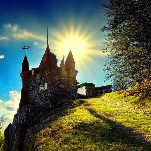 Prompt: beatiful castle on mountain with the sun shining
