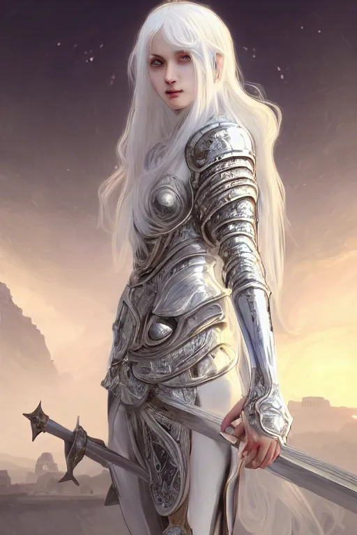 Image similar to portrait white hair knights of Zodiac girl, Sliver ice color reflected armor, in ruined Agora of Athens Sunrise, ssci-fi and fantasy, intricate and very very beautiful and elegant, highly detailed, digital painting, artstation, concept art, smooth and sharp focus, illustration, art by tian zi and WLOP and alphonse mucha