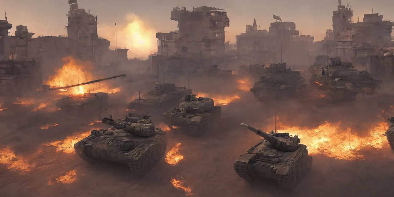 Image similar to tanks burning city, army, china, winnie the pooh, communist flag, volumetric lighting, unreal engine, realistic