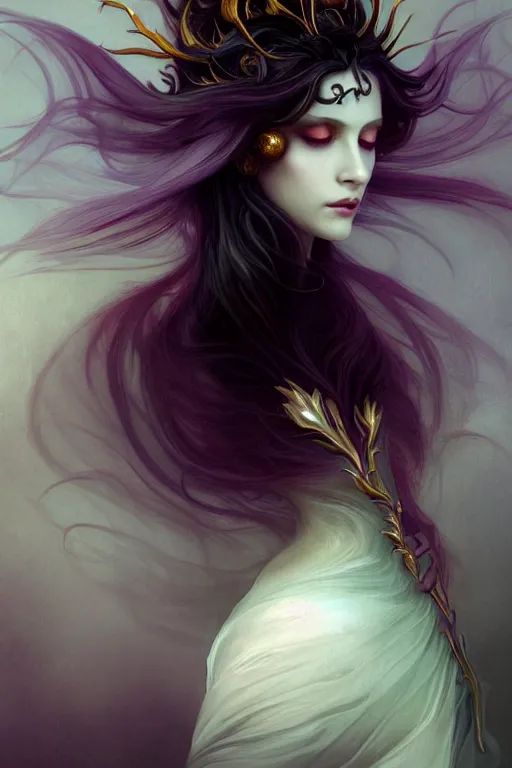 Image similar to portrait of a vampire , dark fantasy, gradient white cyan, dreamy and ethereal, orange eyes, ghost, golden ratio, peaceful expression, ornate frilly dress, fantasy, intricate, elegant, rainbow spikes, highly detailed, digital painting, artstation, concept art, smooth,b sharp focus, illustration, art by artgerm and greg rutkowski and alphonse mucha