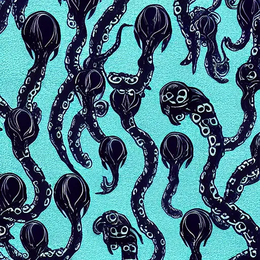 Image similar to “a swarm of dark tentacles underwater, trending on artstation, deep abyss ocean floor, dark navy colored background”