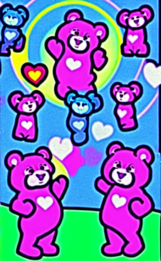 Image similar to care bears at woodstock concert blacklight style