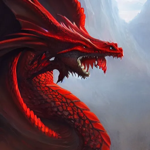 Prompt: a dragon with red scales, guarding of a mountain, highly detailed, digital painting, artstation, concept art, smooth, sharp focus, illustration, art by artgerm, greg rutkowski