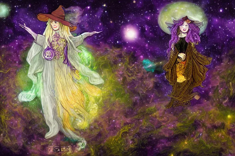 Prompt: a full shot witch with a long cloak and amethyst hat covered in intricate flowers and golden mushrooms in a galaxy and nebulae infused with pale clouds