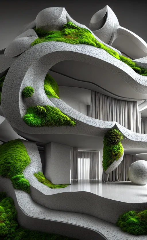 Image similar to highly detailed ultra sharp 3 d render villa interior cinematic composition of a smooth ceramic porcelain biomorphic magnolia stone nebula fluid fractal sci - fi surreal architecture landscape, granite, metallic, magnesium, marble, moss and lichen, vincent callebaut composition, mamou - mani, archviz, beautiful lighting, 8 k, unreal engine, hdr,