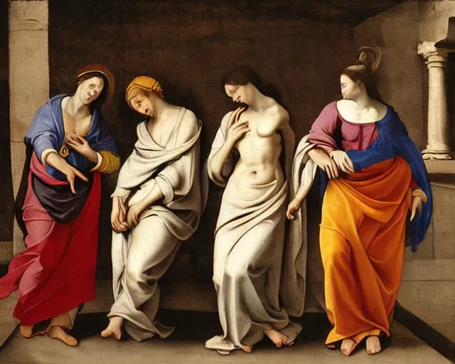 Image similar to 1 7 th century painting of 3 women mourning at the tomb of jesus, fibonacci, 2 angels pointing to the tomb, dramatic light, caravaggio, rubens