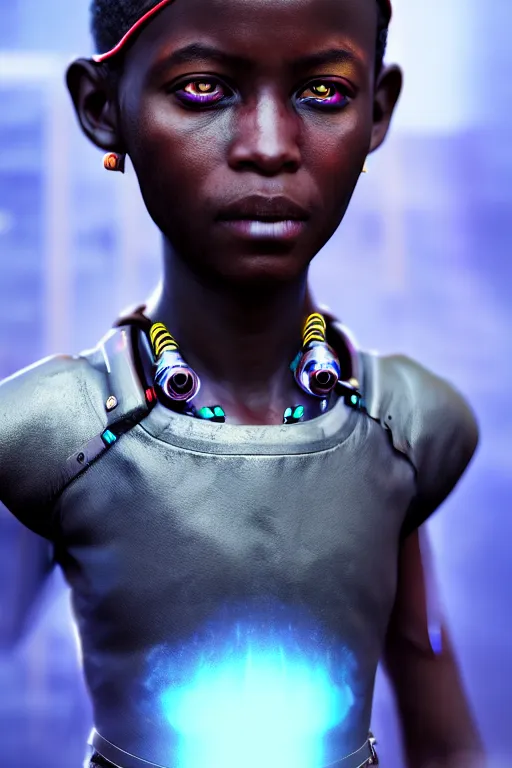 Image similar to a portrait of a young cyberpunk African child, biotech machine, photo realistic rendering with a cyberpunk style, dramatic cinematic lighting, highly detailed post processing, artstation, unreal engine, detailed face