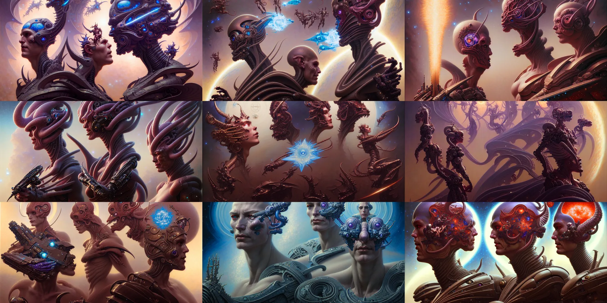 Image similar to beautiful gemini fantasy character portrait, ultra realistic, wide angle, intricate details, total recall artifacts, highly detailed by peter mohrbacher, hajime sorayama, wayne barlowe, boris vallejo, aaron horkey, gaston bussiere, craig mullins