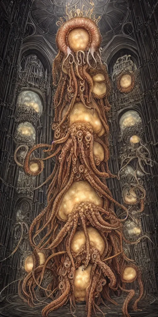 Prompt: group of mankind mages with octopus heads a lot of jellyfish floating around inside an ancient mage castle hall colossal scale, gothic and baroque, brutalist architecture, ultradetailed, Intricate by Ellen Jewett and Josan Gonzalez and Giuseppe Arcimboldo