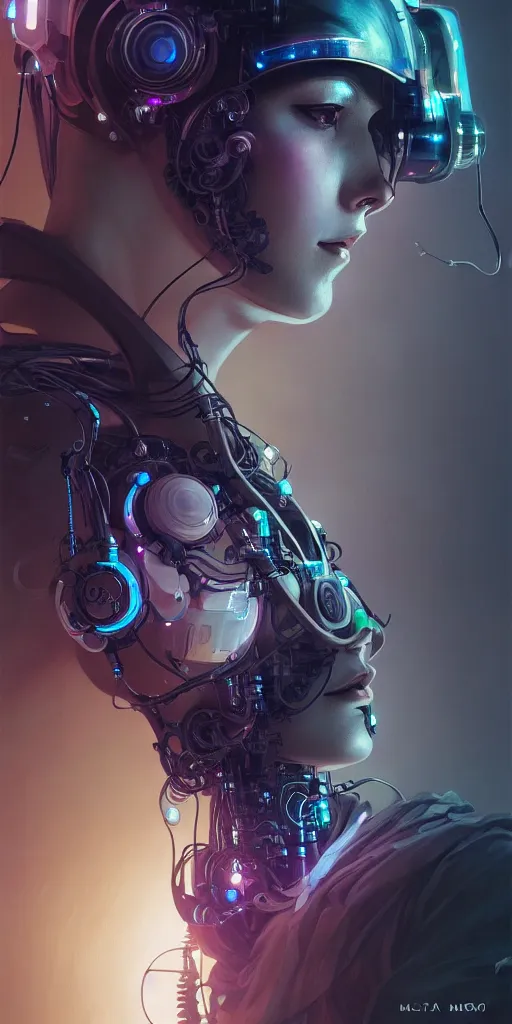 Image similar to ultra detailed, realistic cyberpunk portrait, sci fi, cybernetic, wires, robotics, ar nouveau, by alfons maria mucha, dark, high detailed, 4 k, hd, high quality