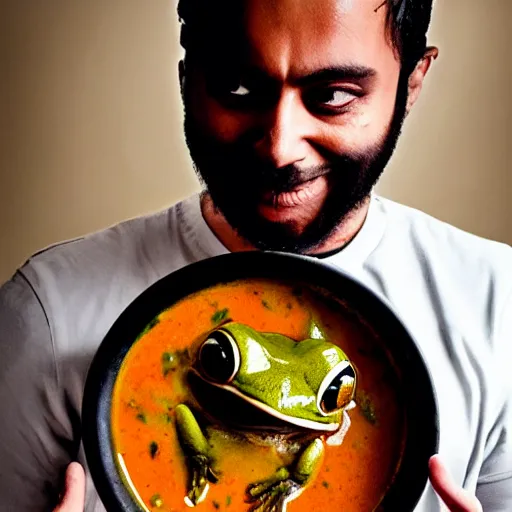 Image similar to photo of a man with three eyes ecstatically eating a bowl of indian frog curry. third eye forehead joy pineal eye minds eye cyclops, hands raised