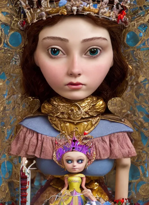 Image similar to closeup face profile portrait of tin toy joan of arc as a fairytale princess wearing a crown eating cakes, bikini, depth of field, zeiss lens, detailed, symmetrical, centered, fashion photoshoot, by nicoletta ceccoli, mark ryden, lostfish, breathtaking, 8 k resolution, extremely detailed, beautiful, establishing shot, artistic, hyperrealistic, octane render
