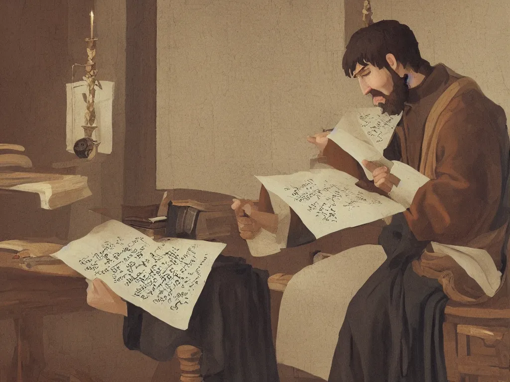 Image similar to saint augustine, furiously scribbling his confessions onto a stack of parchment with a quill, by goro fujita, trending on artstation, 8k, highly detailed, digital graphic art