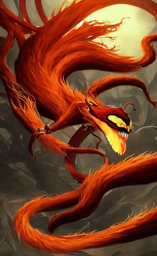 Image similar to venom as the nine tailed fox, kurama, dynamic lighting, photorealistic dark fantasy concept art, trending on art station, stunning visuals, creative, cinematic, ultra detailed