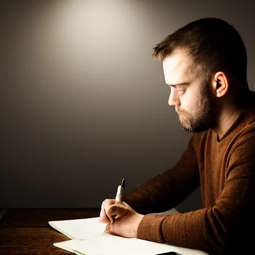 Prompt: a photograph of a man writing the novel of his life story, award - winning photograph, studio lighting, dramatic colors, striking lighting, perfect composition