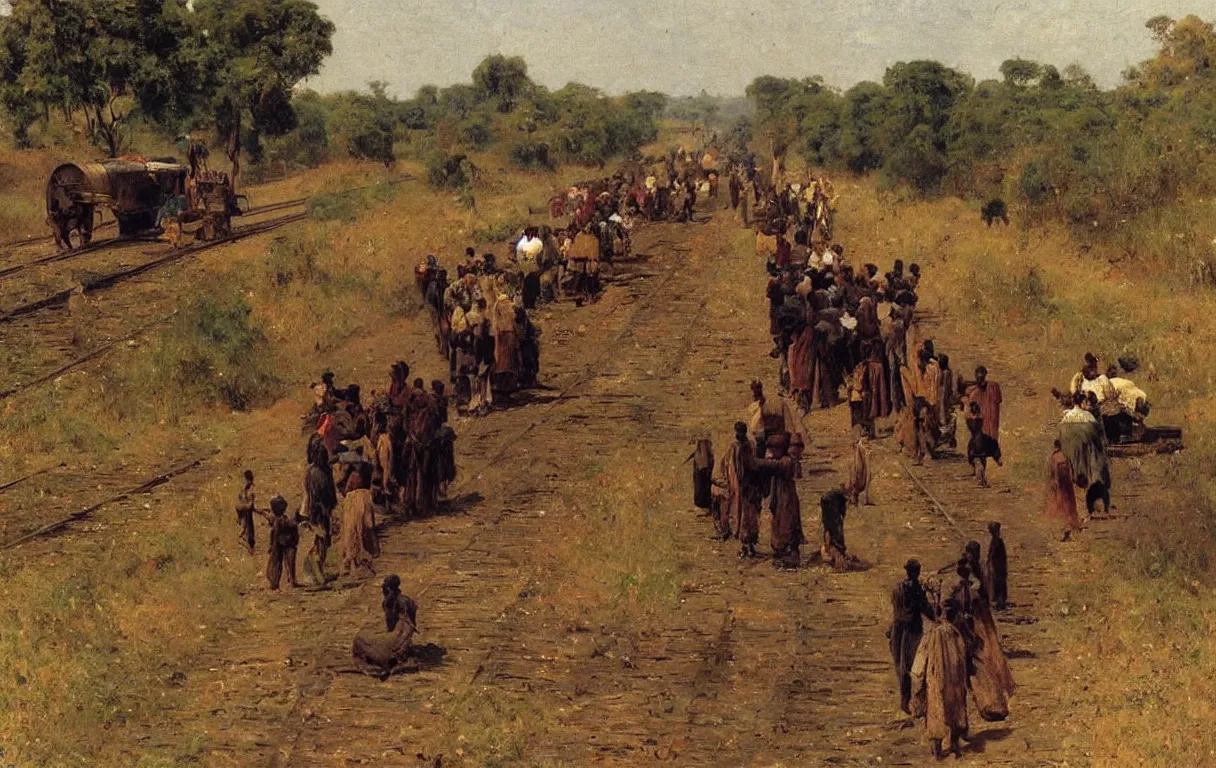 Prompt: a single railroad train travelling in rural nigeria, 1885, highly detailed oil on canvas, by Ilya Repin