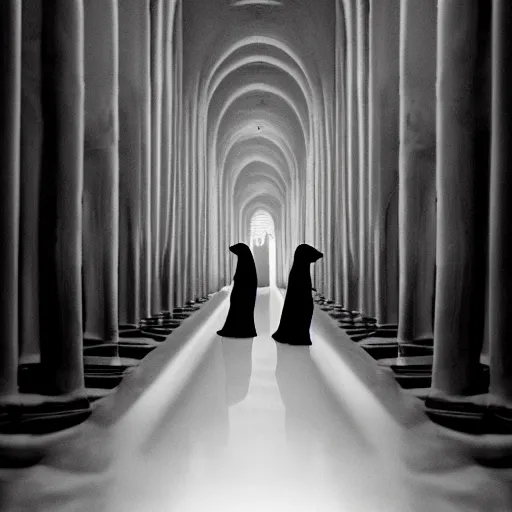 Image similar to nightmare vision, short depth of field. black and white, award winning photo of smiling levitating twin nuns, wearing translucent sheet, Mary in a sanctuary, mirror hallways, eerie, tall columns, frightening —width 1024 —height 1024