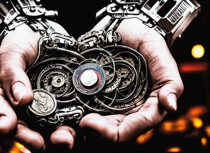 Image similar to mechanical cybernetic hands holding a coin worth 1 human soul to be traded in hell. centered. horror cyberpunk dystopia style. highly detailed 8 k. intricate. nikon d 8 5 0 3 0 0 mm. award winning photography.